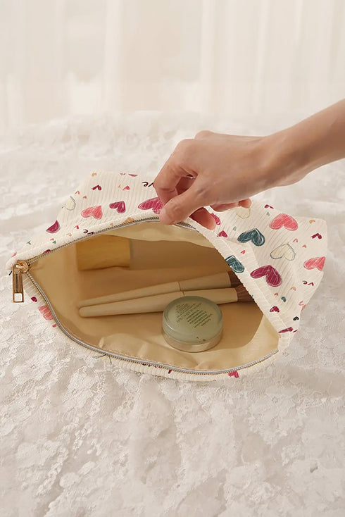 Textured Corduroy Heart Print Cosmetic Pouch