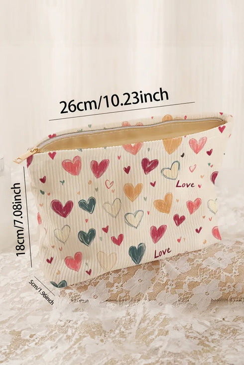 Textured Corduroy Heart Print Cosmetic Pouch
