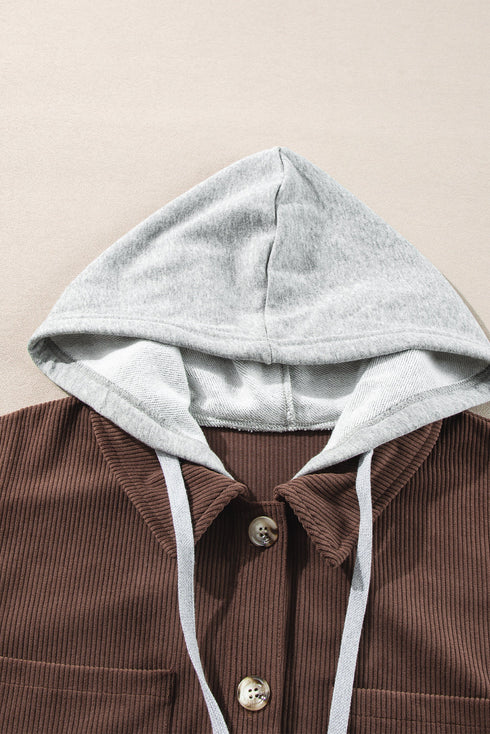 Textured Corduroy Hooded Drawstring Pocket Casual Jacket