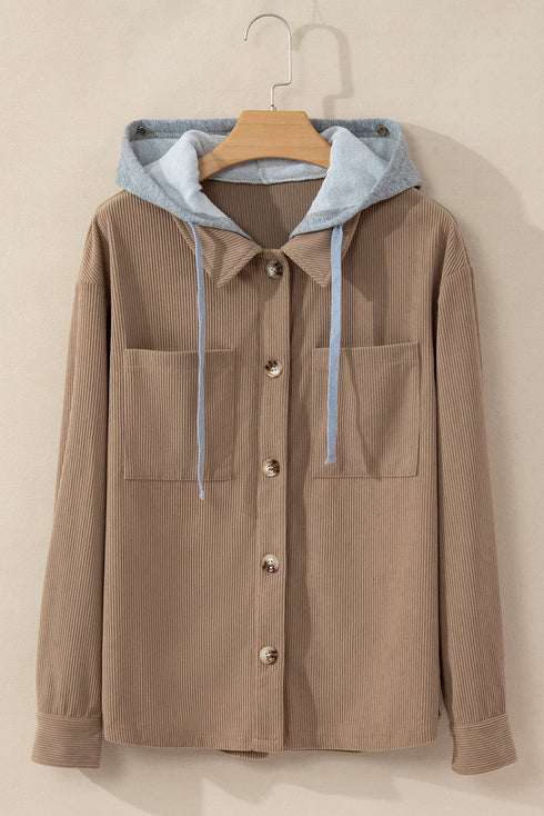 Textured Corduroy Hooded Drawstring Pocket Casual Jacket