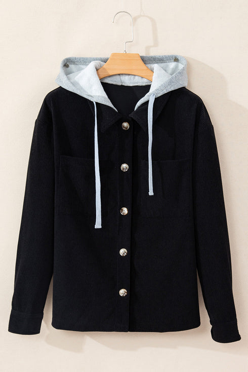 Textured Corduroy Hooded Drawstring Pocket Casual Jacket