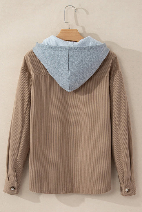 Textured Corduroy Hooded Drawstring Pocket Casual Jacket