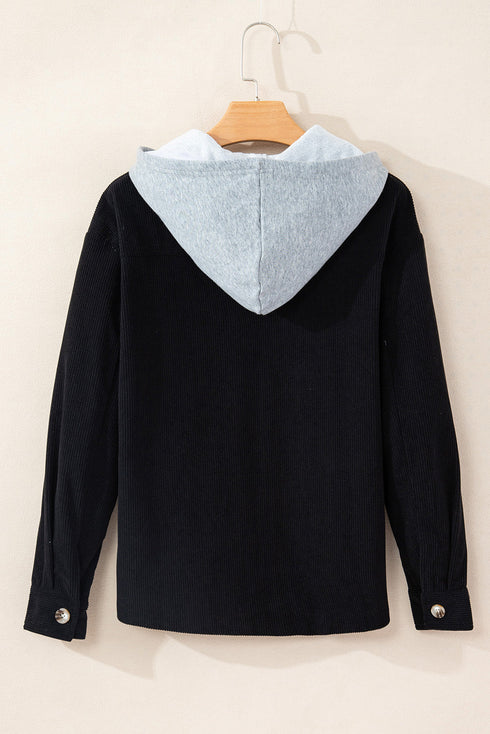Textured Corduroy Hooded Drawstring Pocket Casual Jacket
