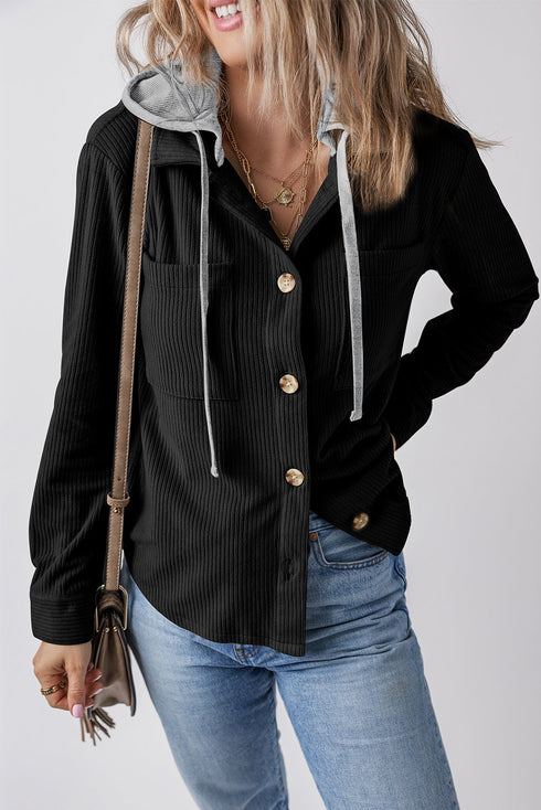 Textured Corduroy Hooded Drawstring Pocket Casual Jacket