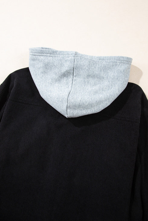 Textured Corduroy Hooded Drawstring Pocket Casual Jacket
