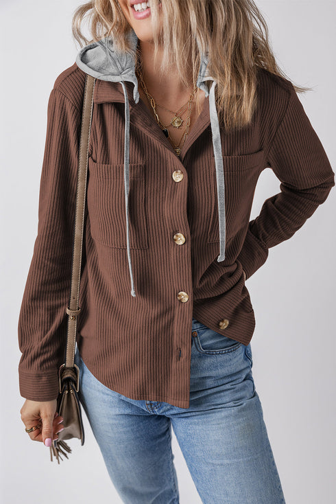 Textured Corduroy Hooded Drawstring Pocket Casual Jacket