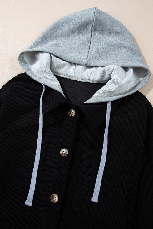 Textured Corduroy Hooded Drawstring Pocket Casual Jacket
