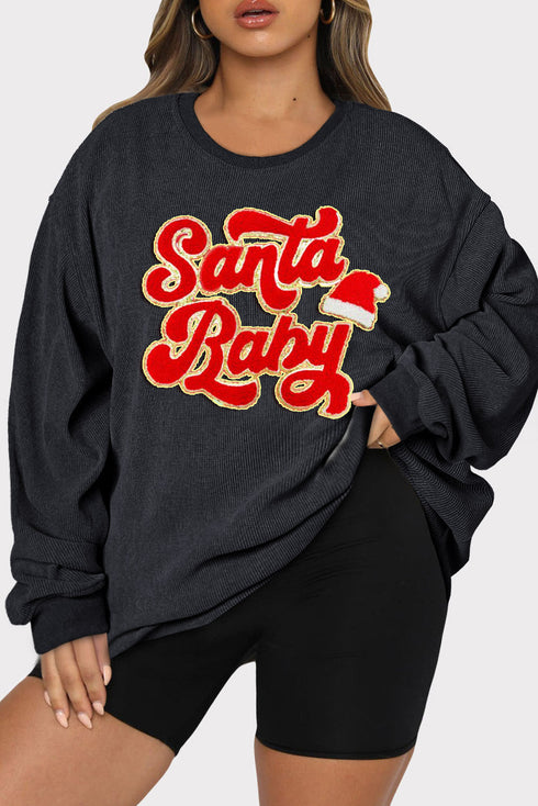 Textured Corduroy Letter Print Santa Baby Graphic Sweatshirt