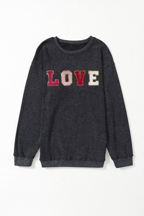 Textured Corduroy Love Graphic Drop Shoulder Sweatshirt