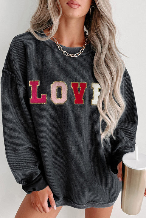 Textured Corduroy Love Graphic Drop Shoulder Sweatshirt