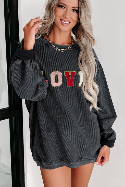 Textured Corduroy Love Graphic Drop Shoulder Sweatshirt