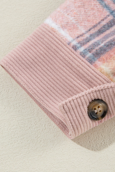 Textured Corduroy Patchwork Chest Pocket Plaid Shacket