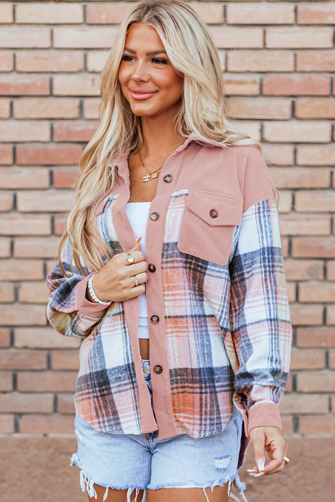 Textured Corduroy Patchwork Chest Pocket Plaid Shacket