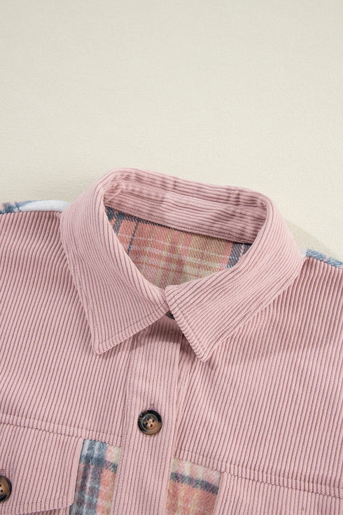 Textured Corduroy Patchwork Chest Pocket Plaid Shacket