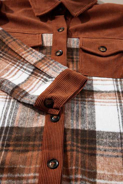 Textured Corduroy Patchwork Chest Pocket Plaid Shacket