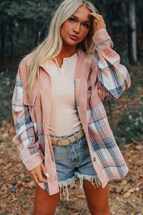 Textured Corduroy Patchwork Chest Pocket Plaid Shacket