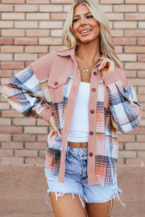 Textured Corduroy Patchwork Chest Pocket Plaid Shacket