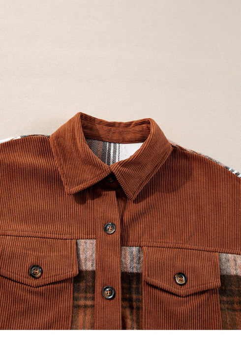 Textured Corduroy Patchwork Chest Pocket Plaid Shacket