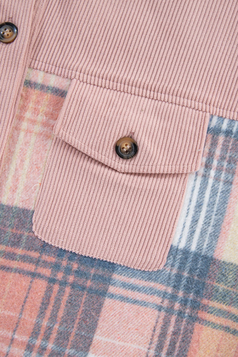 Textured Corduroy Patchwork Chest Pocket Plaid Shacket