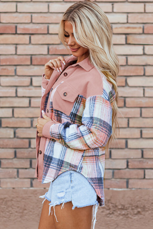 Textured Corduroy Patchwork Chest Pocket Plaid Shacket