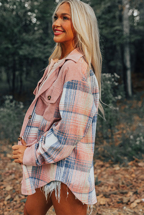 Textured Corduroy Patchwork Chest Pocket Plaid Shacket