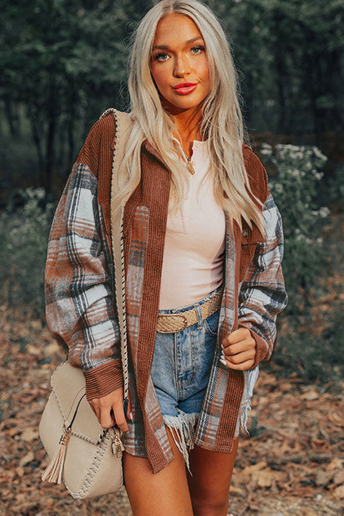 Textured Corduroy Patchwork Chest Pocket Plaid Shacket