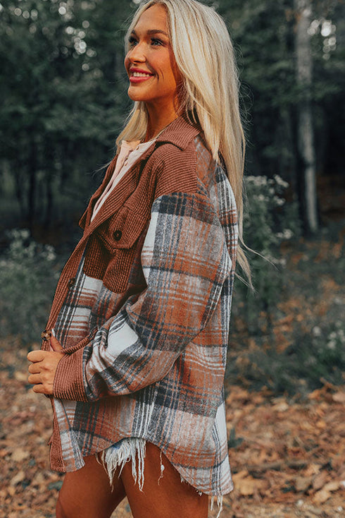 Textured Corduroy Patchwork Chest Pocket Plaid Shacket