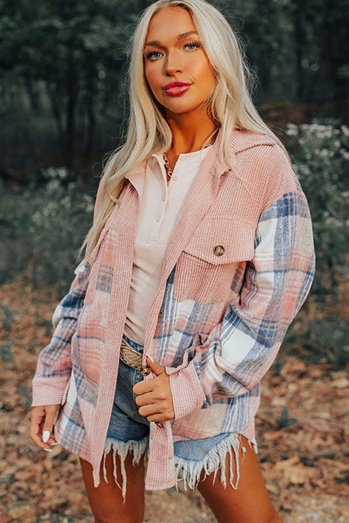 Textured Corduroy Patchwork Chest Pocket Plaid Shacket