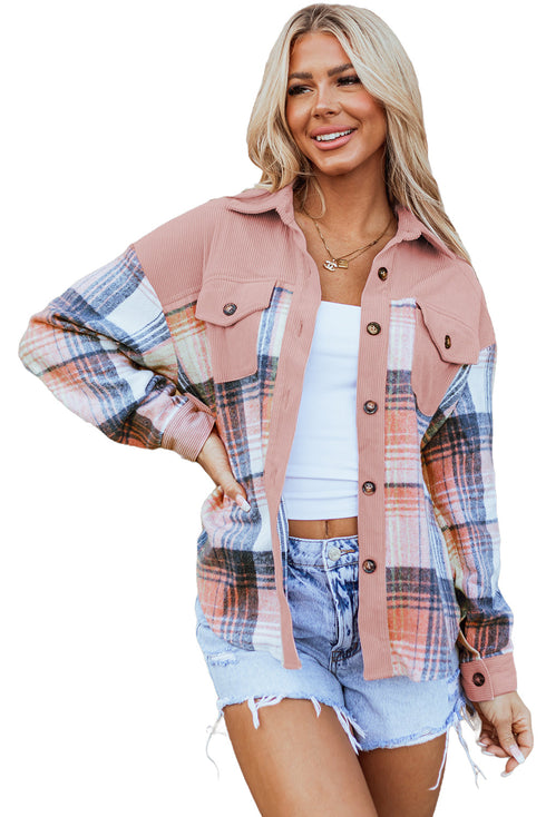 Textured Corduroy Patchwork Chest Pocket Plaid Shacket