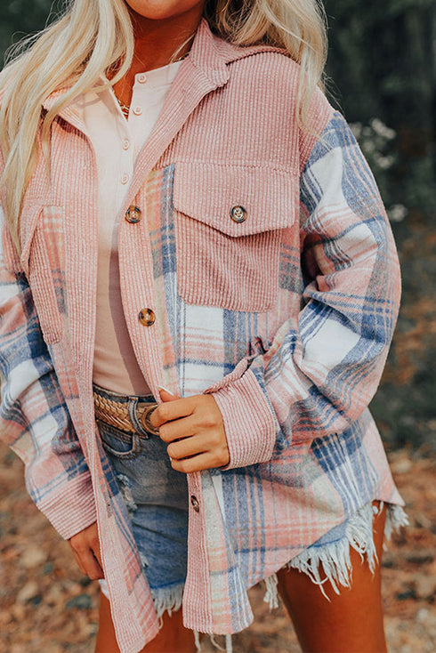 Textured Corduroy Patchwork Chest Pocket Plaid Shacket