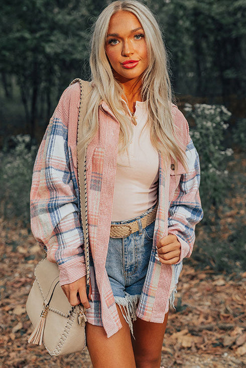 Textured Corduroy Patchwork Chest Pocket Plaid Shacket