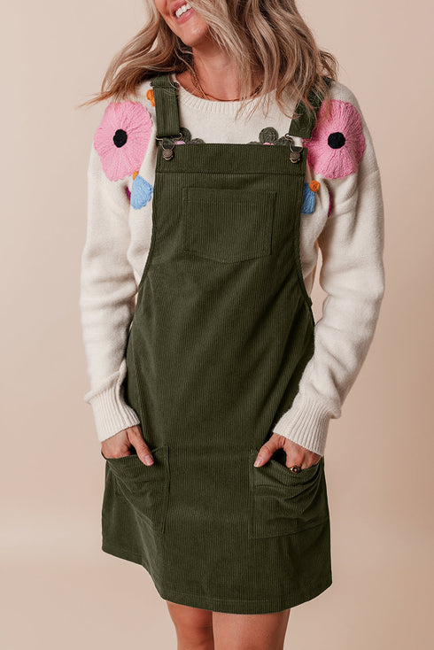 Textured Corduroy Square Neck Pocketed Overall Mini Dress