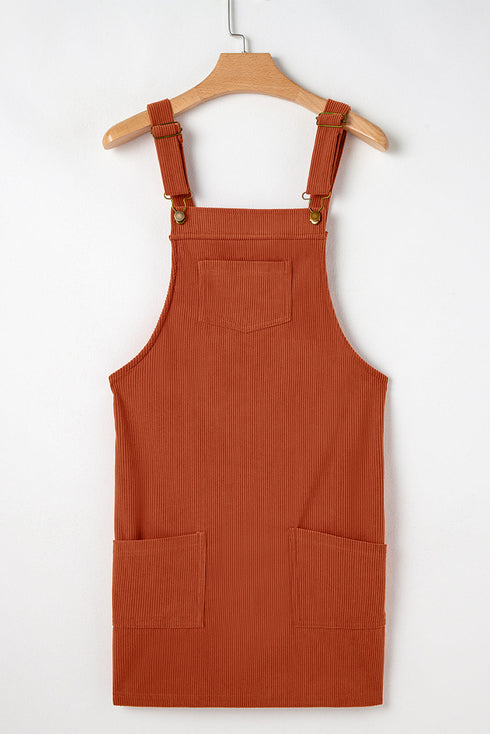 Textured Corduroy Square Neck Pocketed Overall Mini Dress