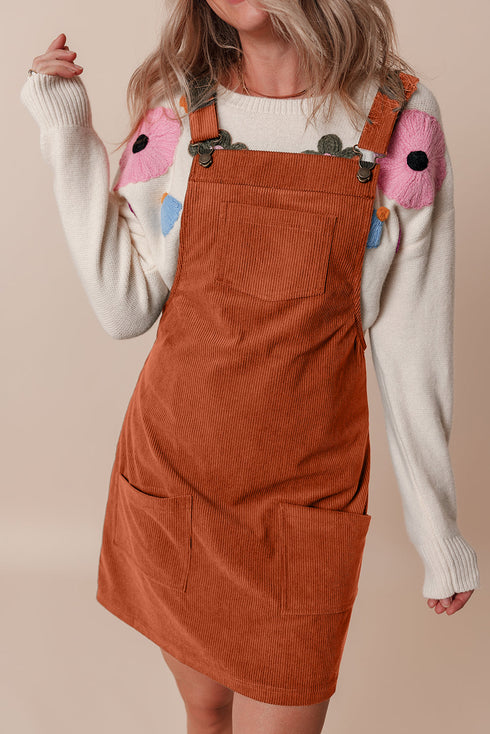 Textured Corduroy Square Neck Pocketed Overall Mini Dress