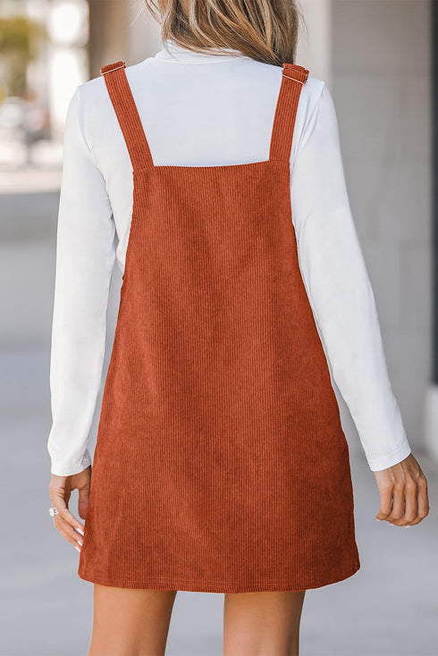 Textured Corduroy Square Neck Pocketed Overall Mini Dress