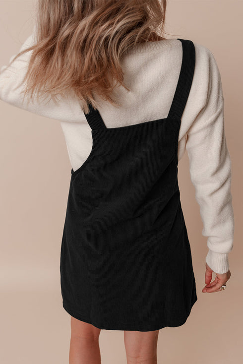 Textured Corduroy Square Neck Pocketed Overall Mini Dress