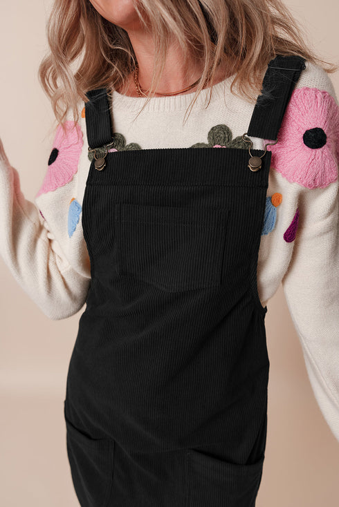 Textured Corduroy Square Neck Pocketed Overall Mini Dress