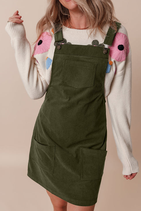 Textured Corduroy Square Neck Pocketed Overall Mini Dress