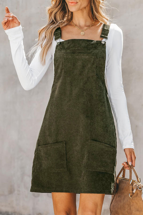 Textured Corduroy Square Neck Pocketed Overall Mini Dress