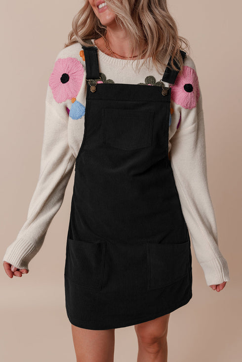 Textured Corduroy Square Neck Pocketed Overall Mini Dress