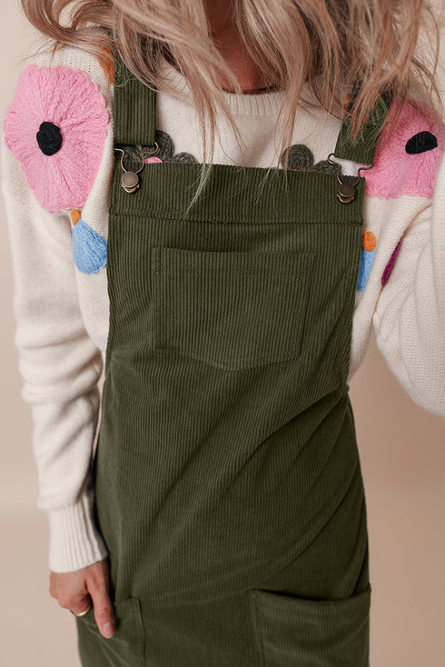 Textured Corduroy Square Neck Pocketed Overall Mini Dress