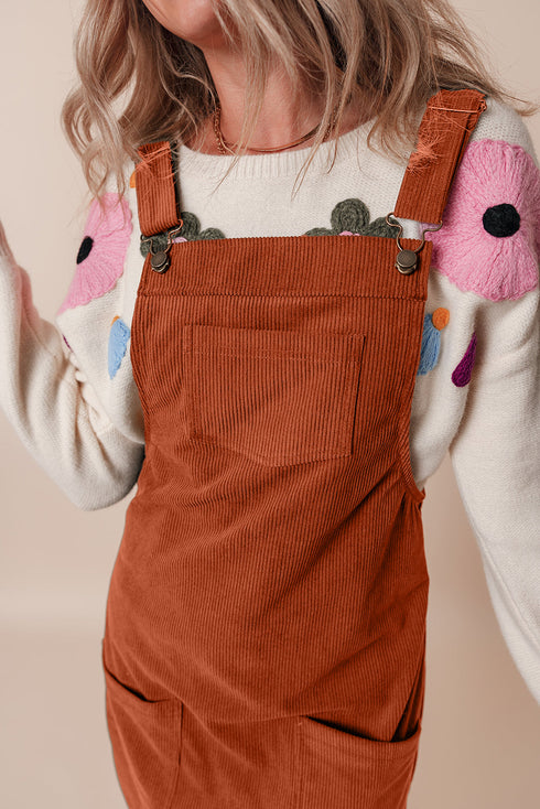 Textured Corduroy Square Neck Pocketed Overall Mini Dress