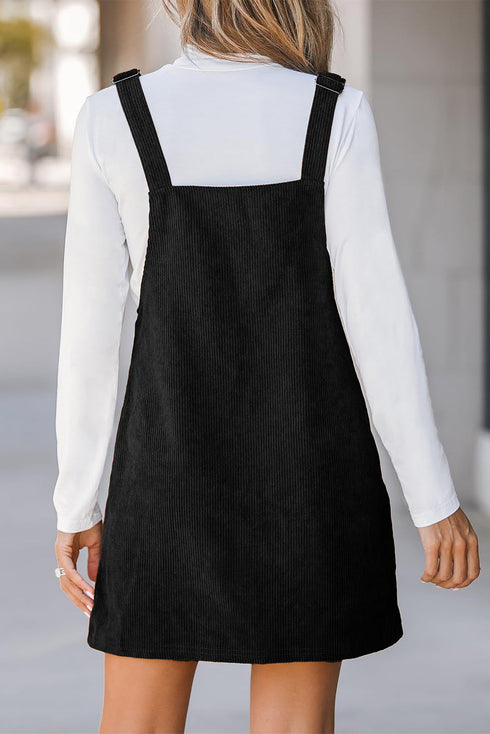 Textured Corduroy Square Neck Pocketed Overall Mini Dress