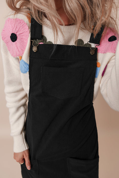 Textured Corduroy Square Neck Pocketed Overall Mini Dress