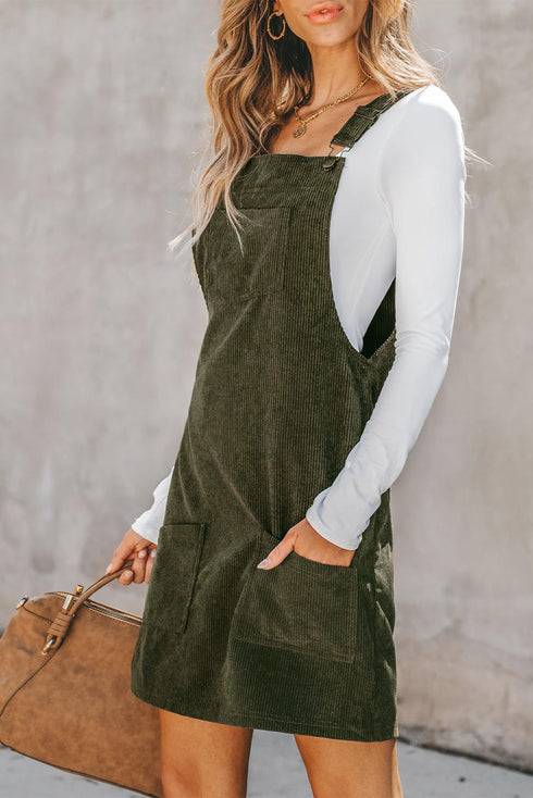 Textured Corduroy Square Neck Pocketed Overall Mini Dress