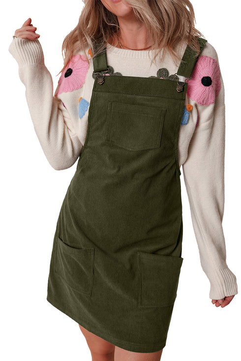 Textured Corduroy Square Neck Pocketed Overall Mini Dress