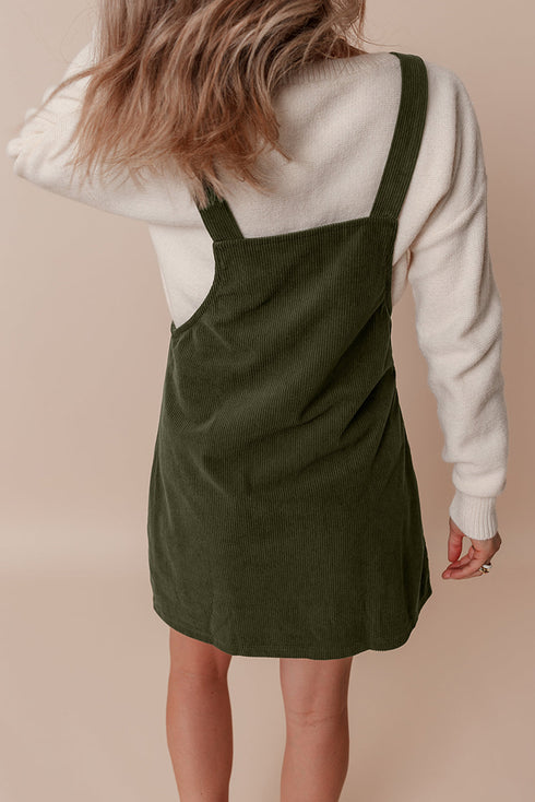 Textured Corduroy Square Neck Pocketed Overall Mini Dress