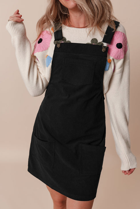 Textured Corduroy Square Neck Pocketed Overall Mini Dress