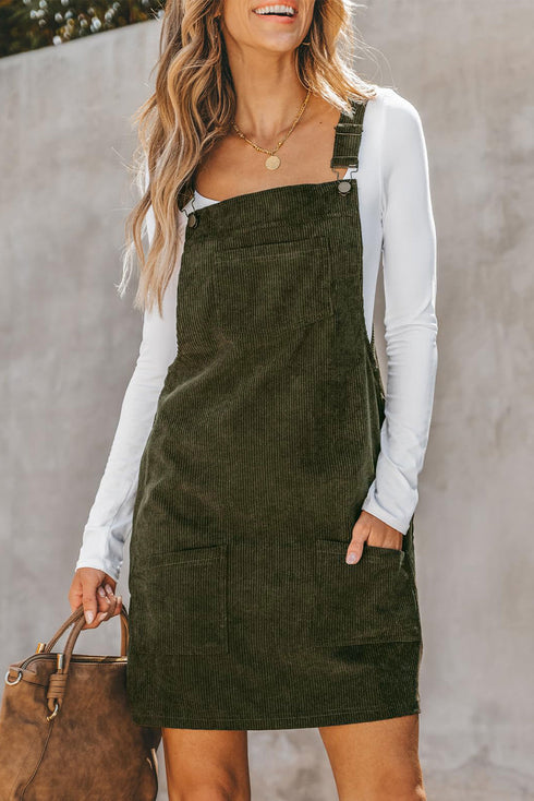 Textured Corduroy Square Neck Pocketed Overall Mini Dress