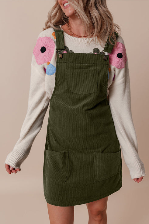 Textured Corduroy Square Neck Pocketed Overall Mini Dress